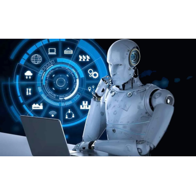 Robot thinking in front of a laptop